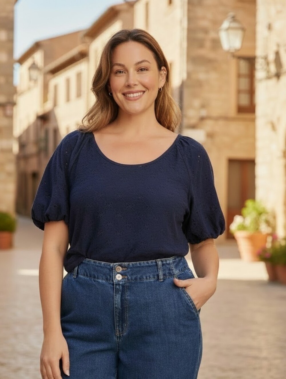 Ava & Viv Navy Puff-Sleeve Eyelet Knit Top
